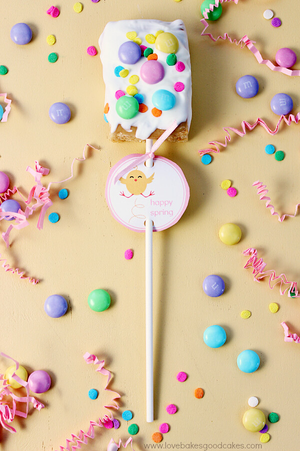 Spring Rice Krispies Treats Pops with M&M's and confetti.