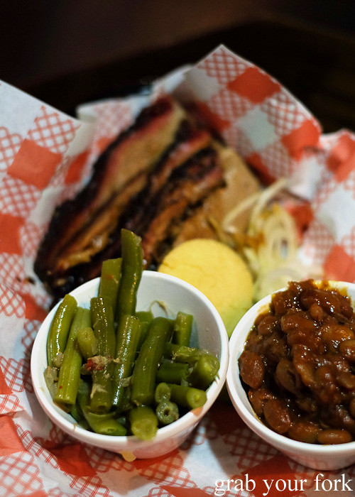 Green beans and bbq beans at Surly's BBQ, Surry Hills