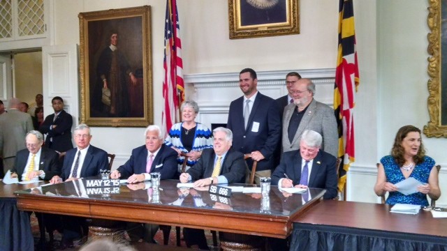 Governor Hogan is joined by SFAC Vice Chairman Dave Sikorski (directly behind Governor) ans Larry Jennings (in grey).