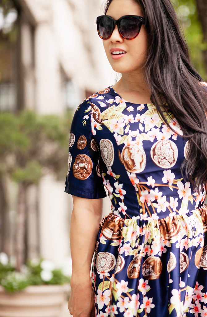 cute & little blog | petite fashion | navy floral coins print dress, rose gold pumps | spring outfit