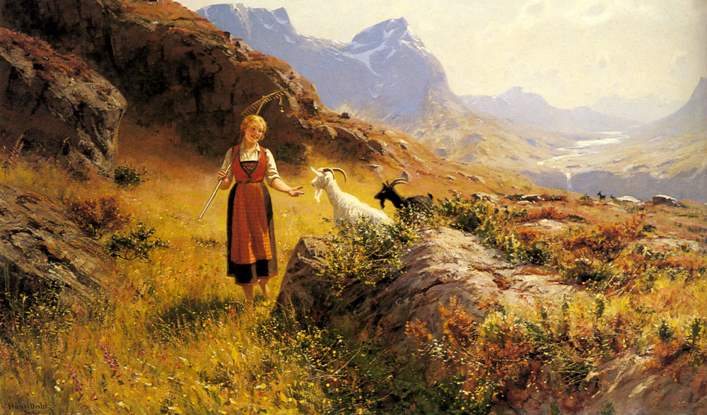 An Alpine Landscapewith a Shepherdess and Goats by Hans Dahl
