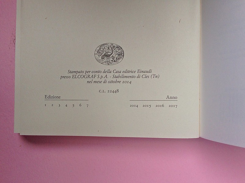 Virgina Woolf, Gita al Faro. Einaudi 2014. Progetto grafico di 46xy. Pagina dello stampatore, al recto della carta di guardia  (part.), 1