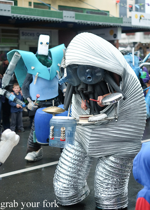 Roving street percussionists with DIY sci-fi costumes at the Cuba Dupa Festival 2015, Wellington
