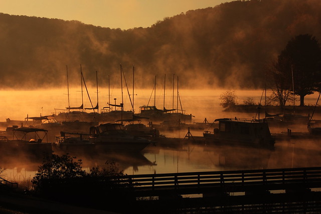 The mist slowly rises near the marina at Claytor Lake State Park, Virginia