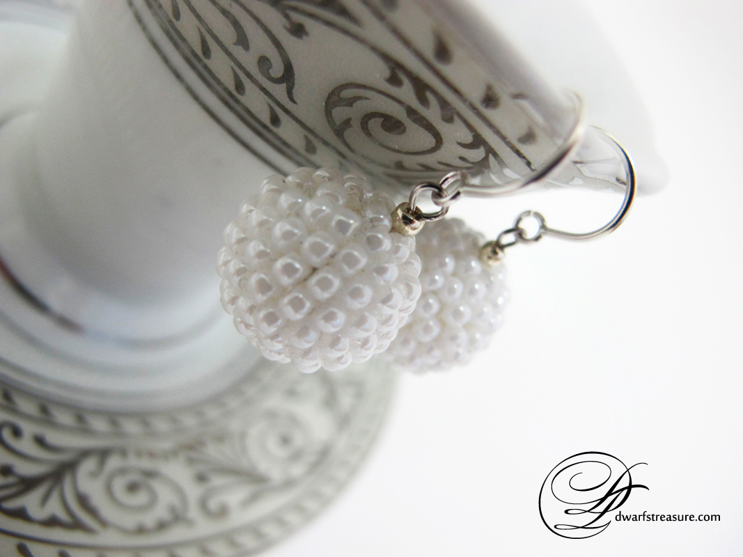 White statement beaded bead sterling silver chain earrings 