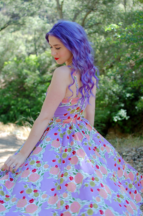 Pinup Girl Clothing Ella dress in Mary Blair Lips and Roses print in Lavender