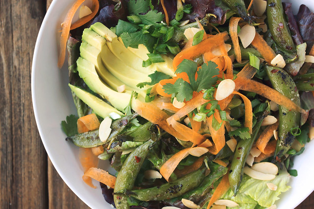 Charred Snap Pea Salad with Creamy Almond Butter & Ginger Dressing