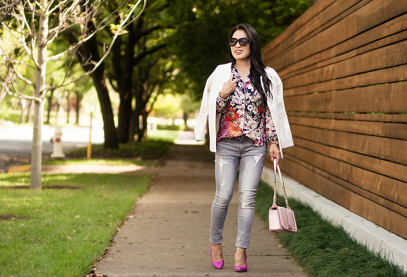 cute & little blog | petite fashion | white jacket, floral shirt, gray distressed jeans, hot pink pumps, pink crossbody | spring outfit