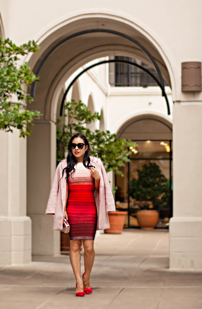cute & little blog | petite fashion | the kewl shop herve leger red ombre bandage dress, red bow pumps, pink coat | dressy date night outfit