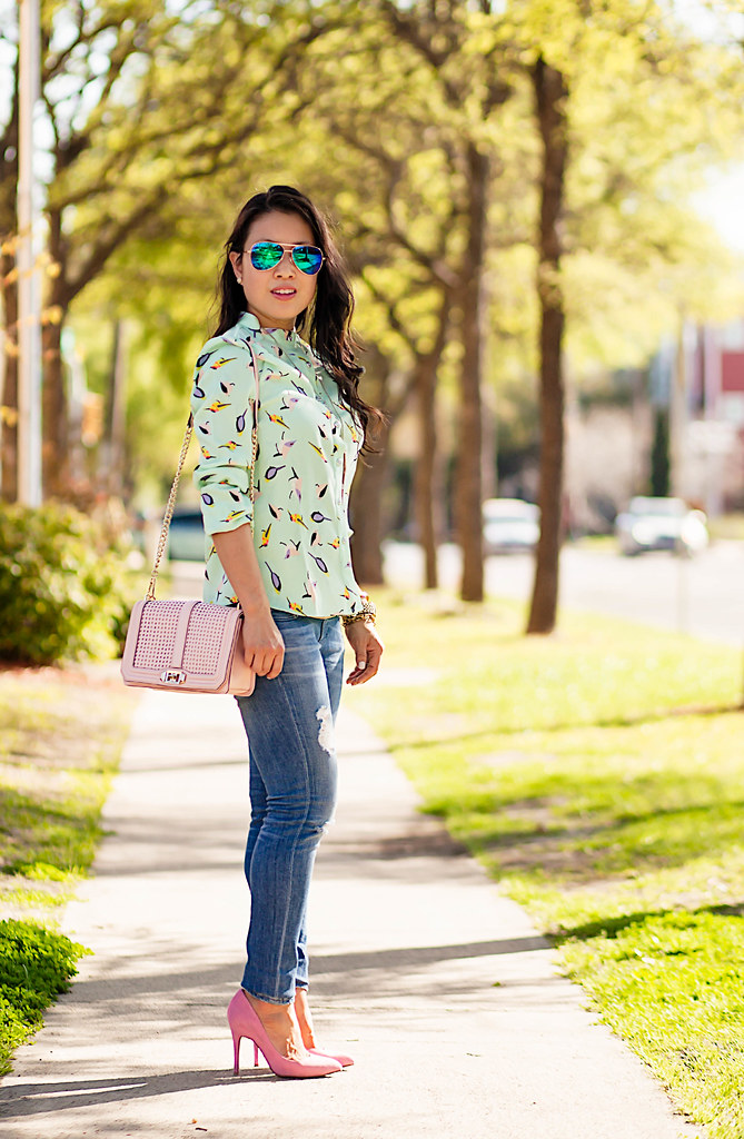 cute & little blog | petite fashion | sheinside green birds print chiffon blouse, ag distressed jeans, pink suede pumps, minkoff pink love crossbody, blue mirror aviators | spring outfit
