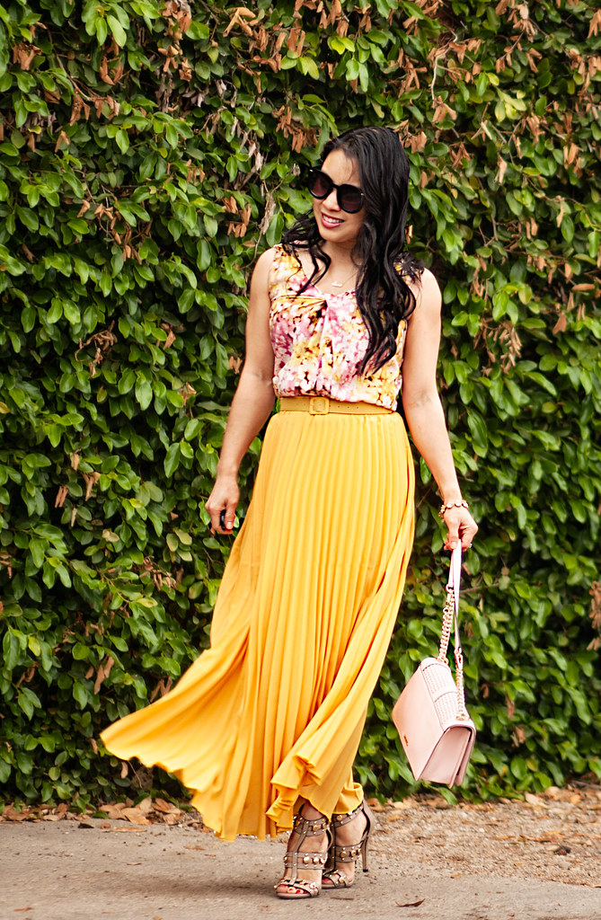 cute & little blog | petite fashion | floral shell, mustard yellow pleated maxi skirt, shoedazzle azzurra taupe studded sandals, minkoff love crossbody pink bag | spring summer outfit