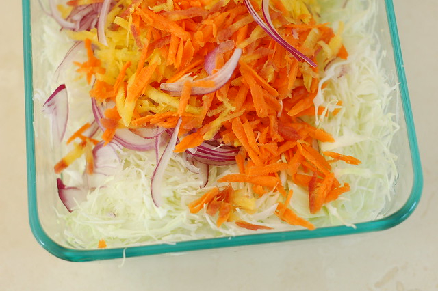Cabbage, red onion & carrots for the confetti coleslaw by Eve Fox, the Garden of Eating, copyright 2015