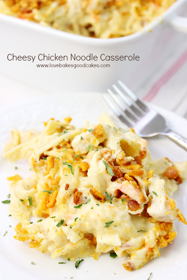 Cheesy Chicken Noodle Casserole on a plate with a fork.