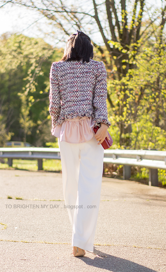 tweed jacket, pink peplum top, white trousers, red clutch, bow sandals