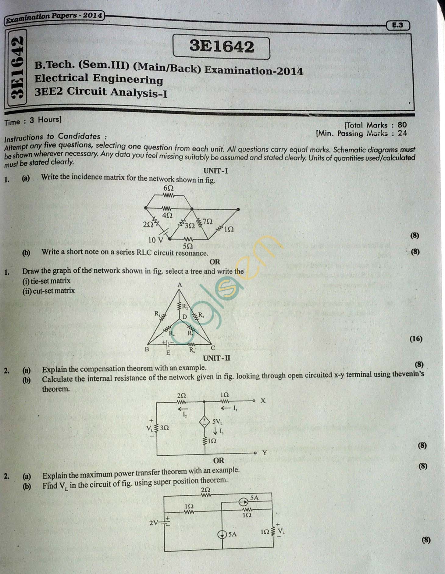 RTU: Question Papers 2014 - 3 Semester - EE - 3E1642