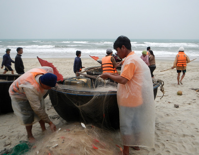 Bringing in the Catch from the Fishing Coracles on Hoi An Beach in Vietnam