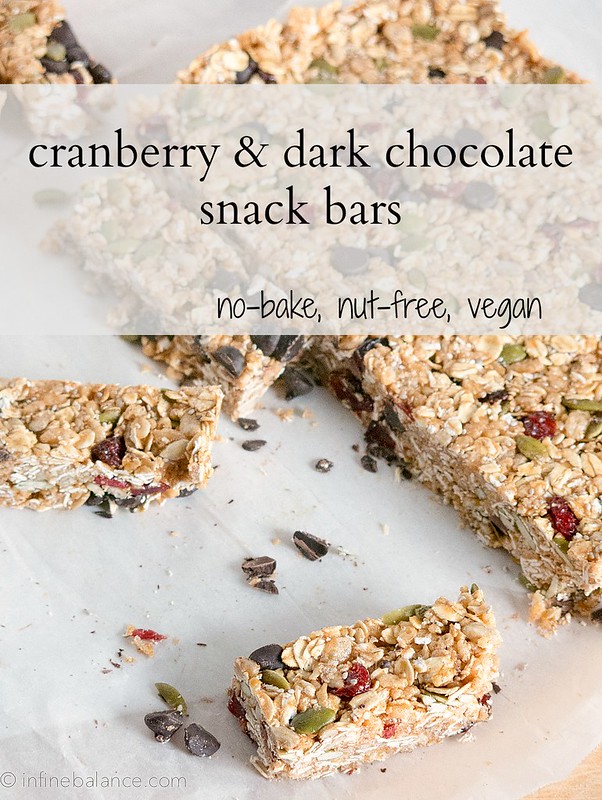 cranberry and dark chocolate snack bars cut - image with text