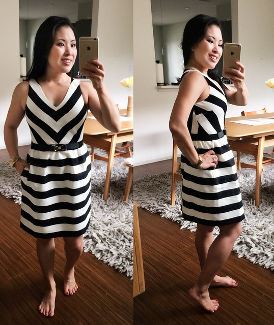 cute & little blog | petite fashion | loft stripe flare black white dress