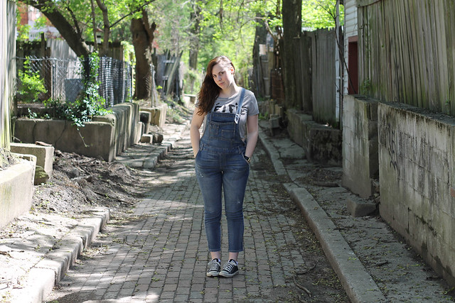 Over/Under outfit: Asos overalls, Célfie striped crop top, Converse low-top sneakers