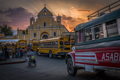 road sunset bus church guatemala xela