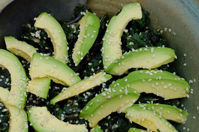Warm kale salad with tahini ginger sesame dressing and avocado by Eve Fox, the Garden of Eating, copyright 2015