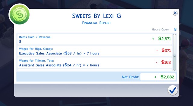 financial report for sweets by Lexi G on day 12