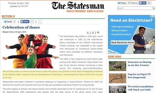 Ms Manjari Sinha's World Dance Day article in Statesman's