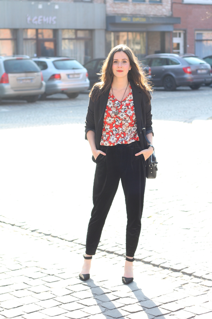 Outfit: professional dressing in floral blouse and velvet trousers