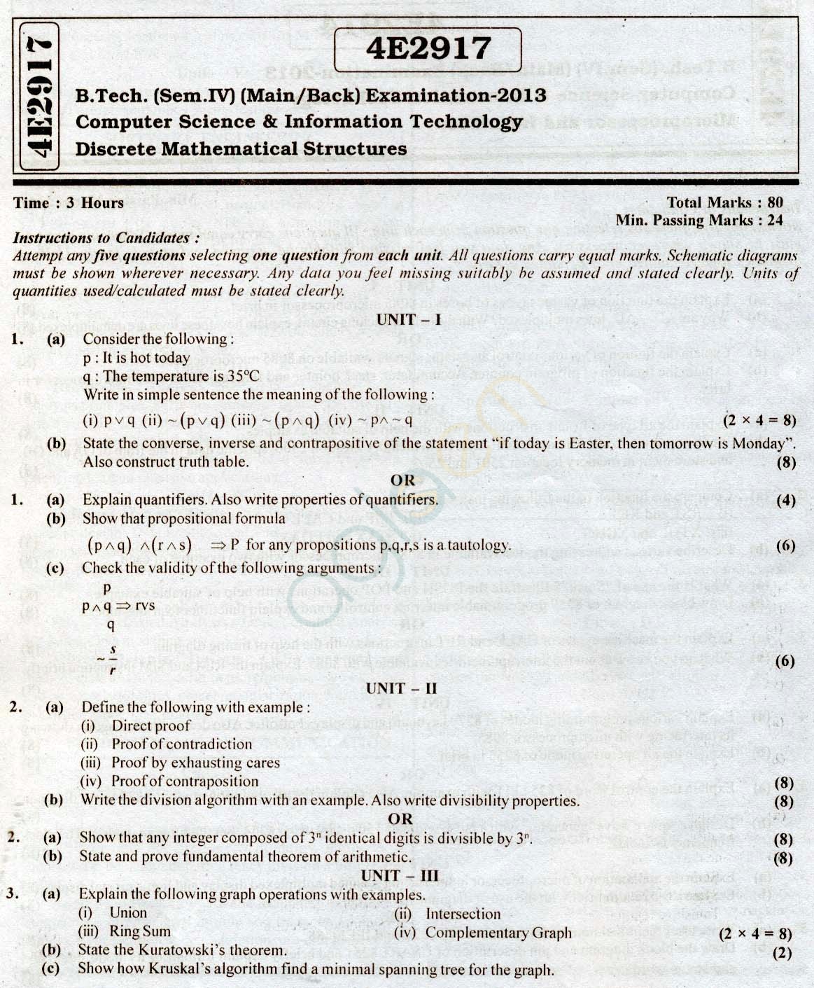 RTU: Question Papers 2013 - 4 Semester - CS & IT - 4E2917
