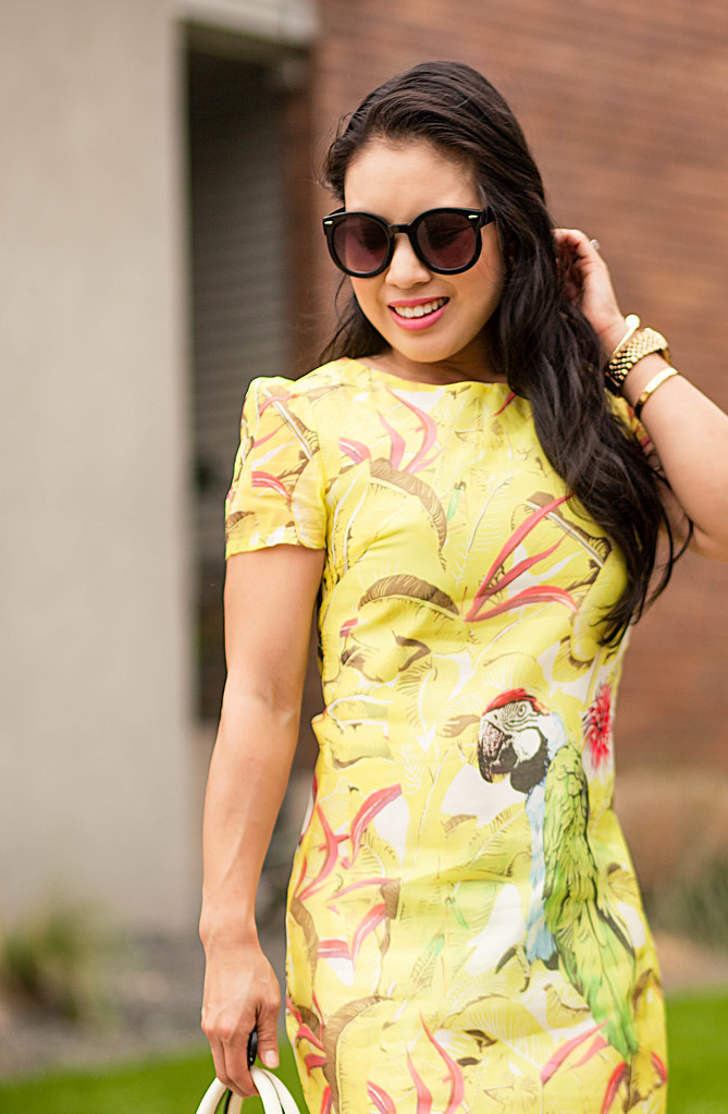 cute & little blog | petite fashion | choies yellow floral parrot shift dress, floral double strap sandals, white satchel | spring summer outfit