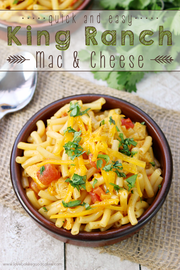 Quick and Easy King Ranch Mac & Cheese in a brown bowl with a spoon.