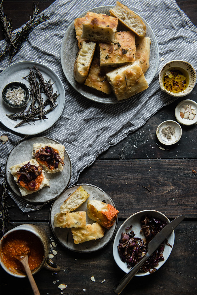 herbed focaccia with caramelized onions & romesco | two red bowls