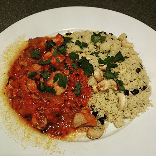 Not the prettiest plate, but Tunisian Chicken with couscous for dinner.