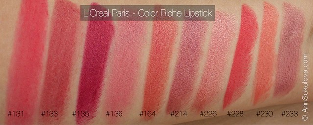 01 L'Oreal Paris Color Riche Lipstick 30 years new shades 131, 133, 135, 136, 164, 214, 226, 228, 230, 233 swatches
