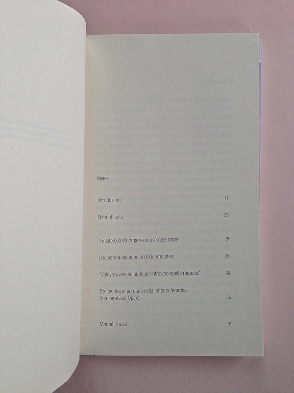 La ragazza con le rose rosse, di Marcel Proust. Nuova Editrice Berti 2014. [Responsabilità grafica non indicata]. Indice, a pag. 8 (part.), 1
