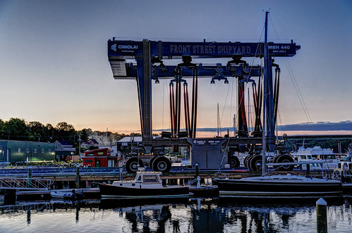 sunset usa river boat dock stream industrial crane flag maine manipulations belfast americana hdr highdynamicrange photomatix waldocounty cimolai frontstreetshipyard hdrviafusion