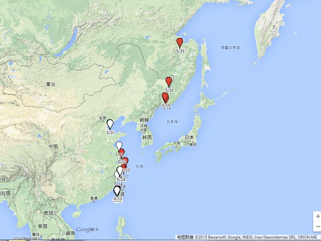 google map 遷移圖紅色為小水鴨白色為反嘴鴴。（圖片來源：台江國家公園管理處）