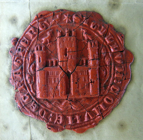 The wax seal in the museum at the medieval castle of Carrickfergus along the Coastal Causeway Route of Ireland, UK