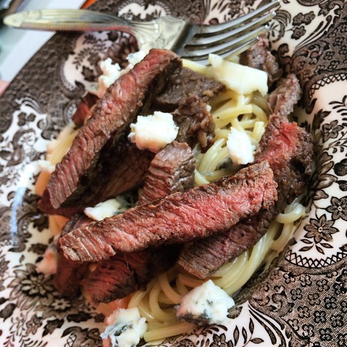 Dinner for the adults tonight is seared Irish beef steak with Gorgonzola cream sauce and pasta.