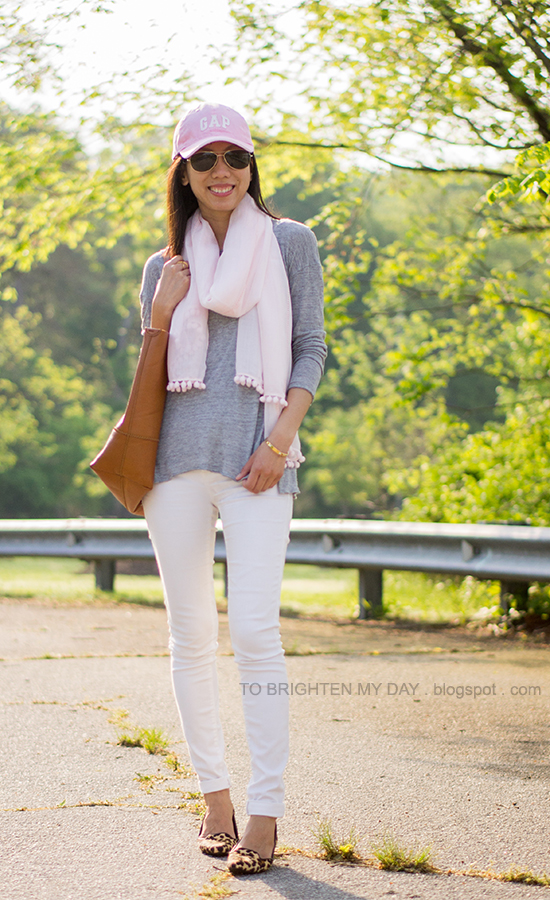 pink cap, gray tee, pink scarf, white jeans, leopard flats, cognac brown tote